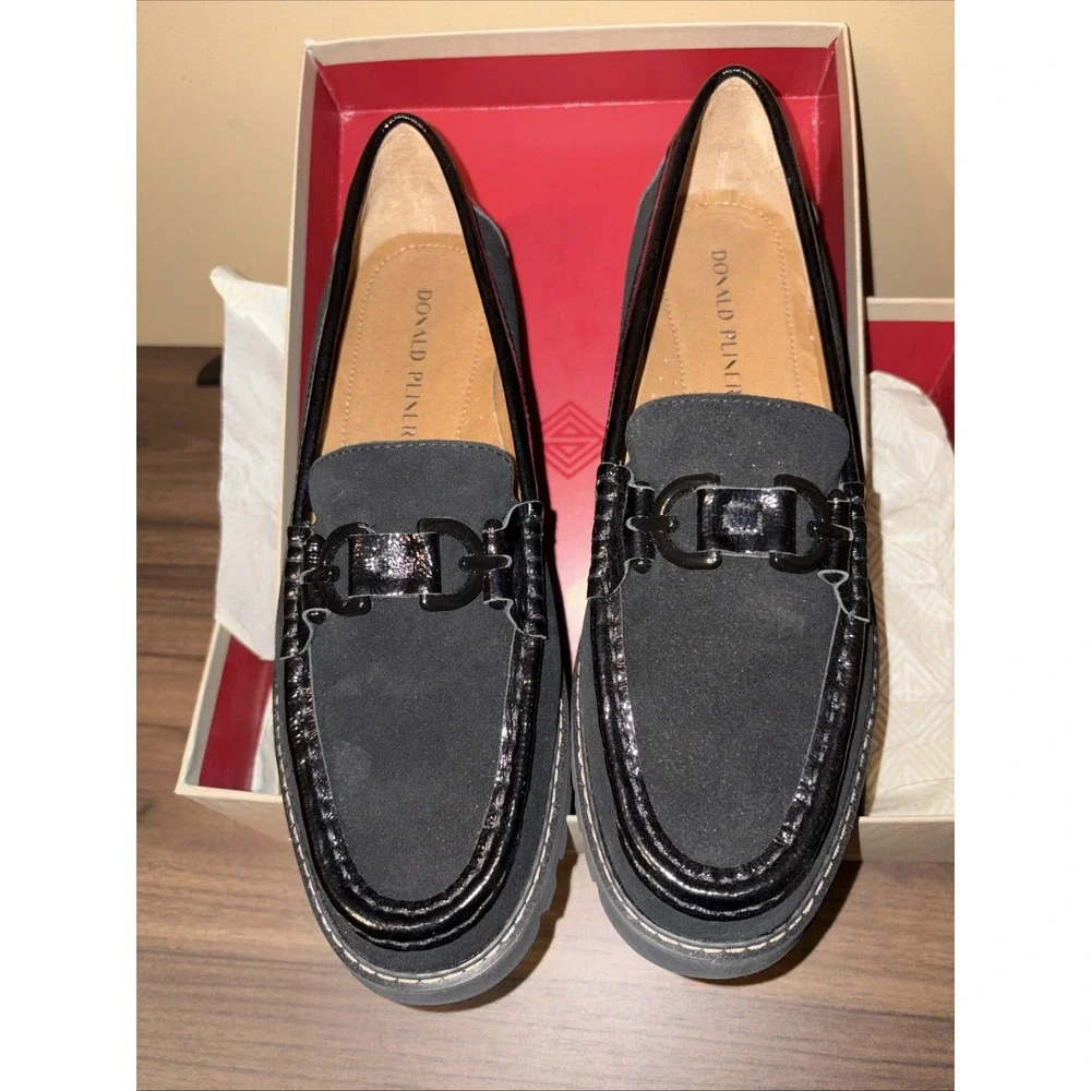 Donald Pliner 10 M Helioc Black Suede Patent Loafers Bit Lug Platform Shoe New